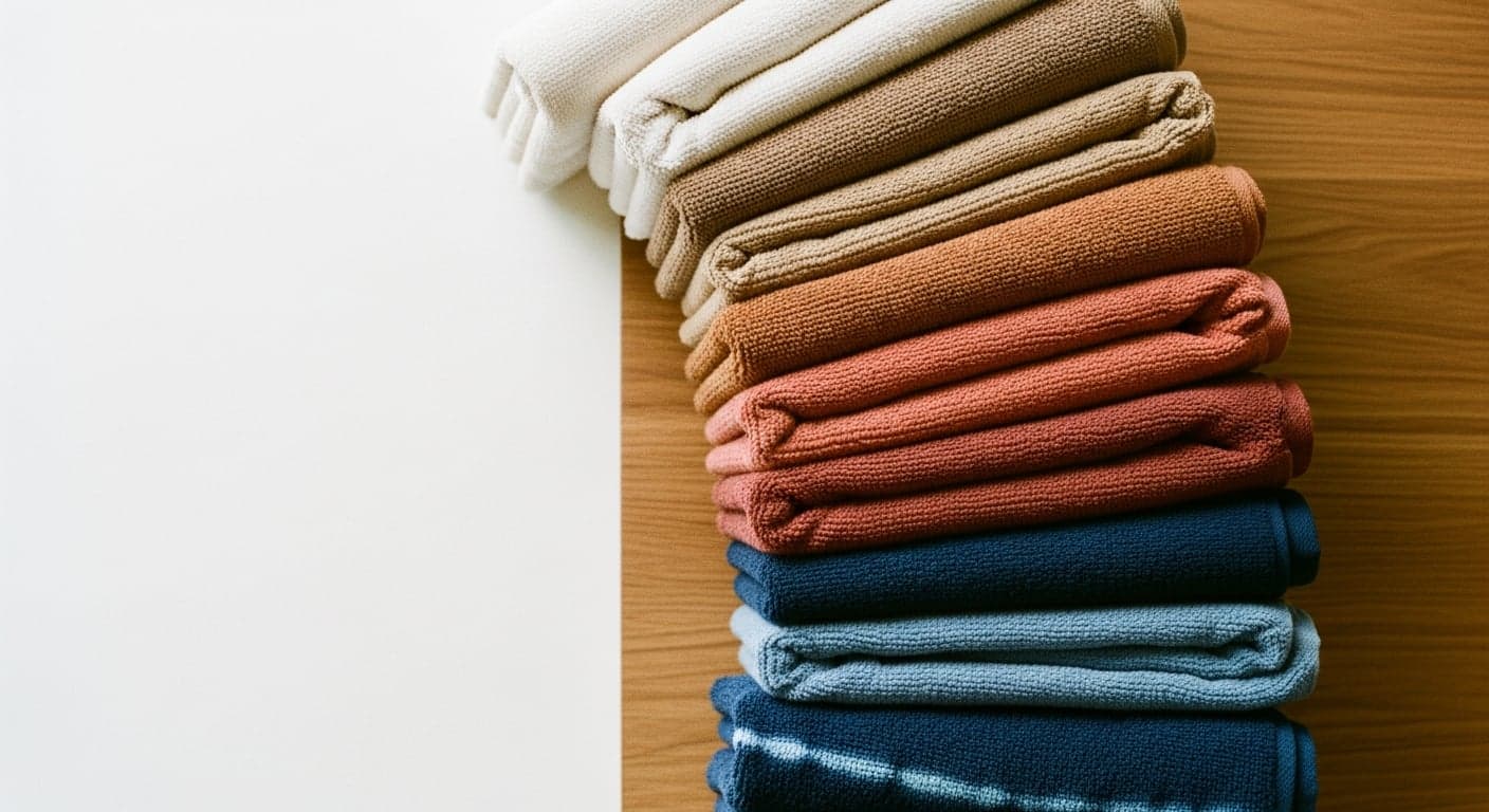 Stack of folded hospitality terry towels in cream, jute, terracotta and indigo colourways